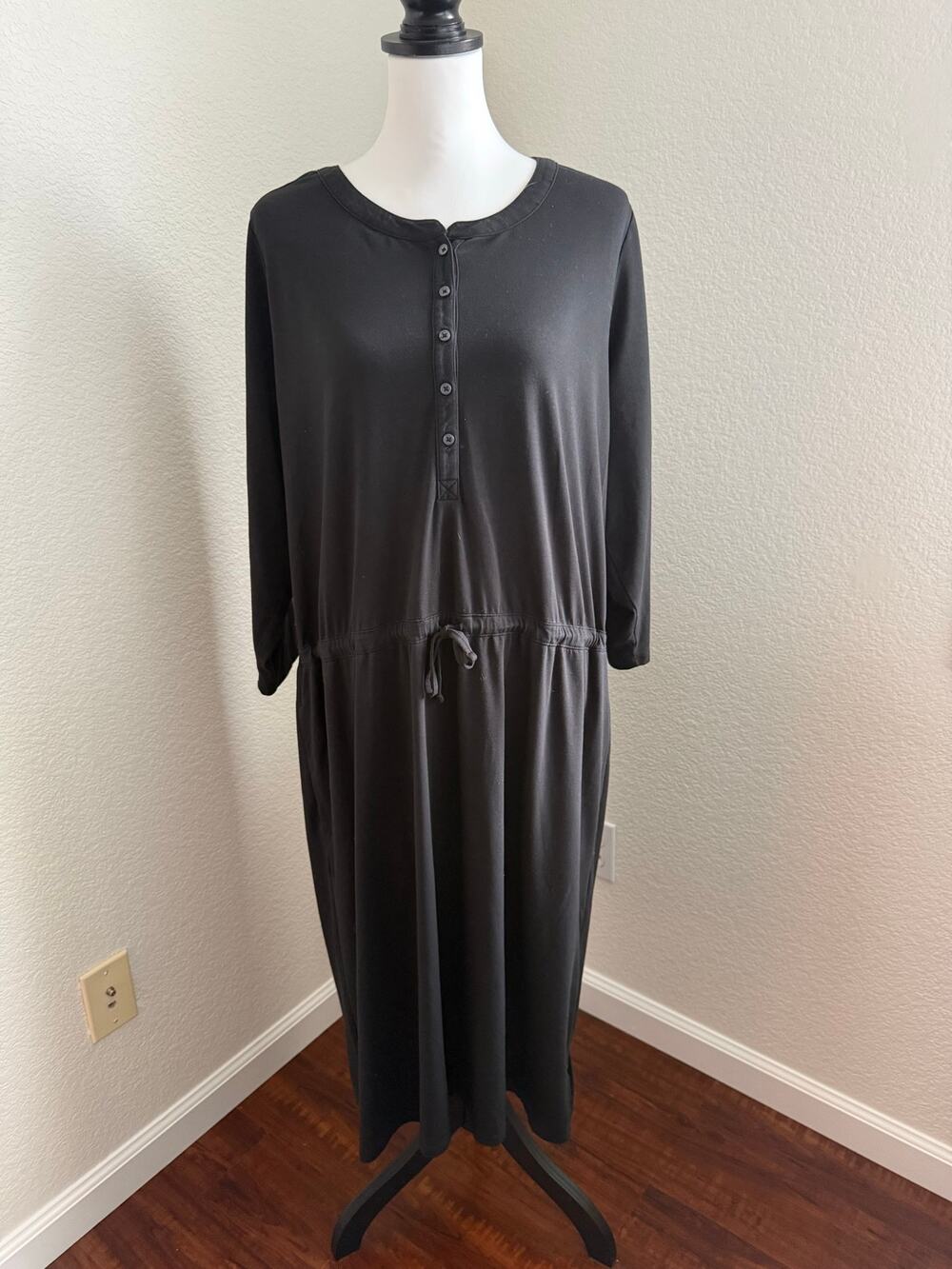 Lands End Black Henley Dress Long Sleeve Drawstring Waist Black 1X 18W 20W Midi